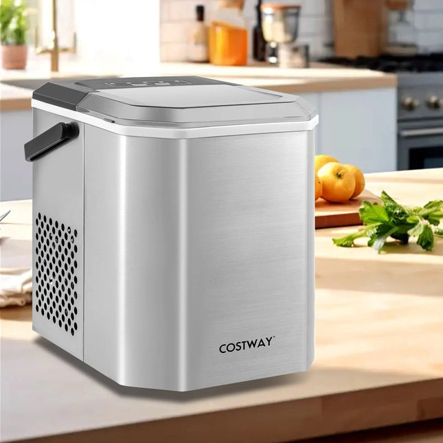 Ice Maker Countertop with Self-Cleaning for Home Kitchen Office Party-Silver Costway