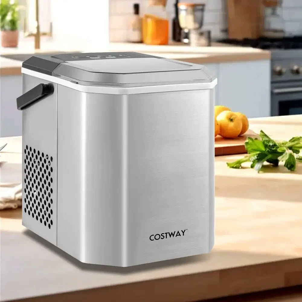 Ice Maker Countertop with Self-Cleaning for Home Kitchen Office Party-Silver Costway