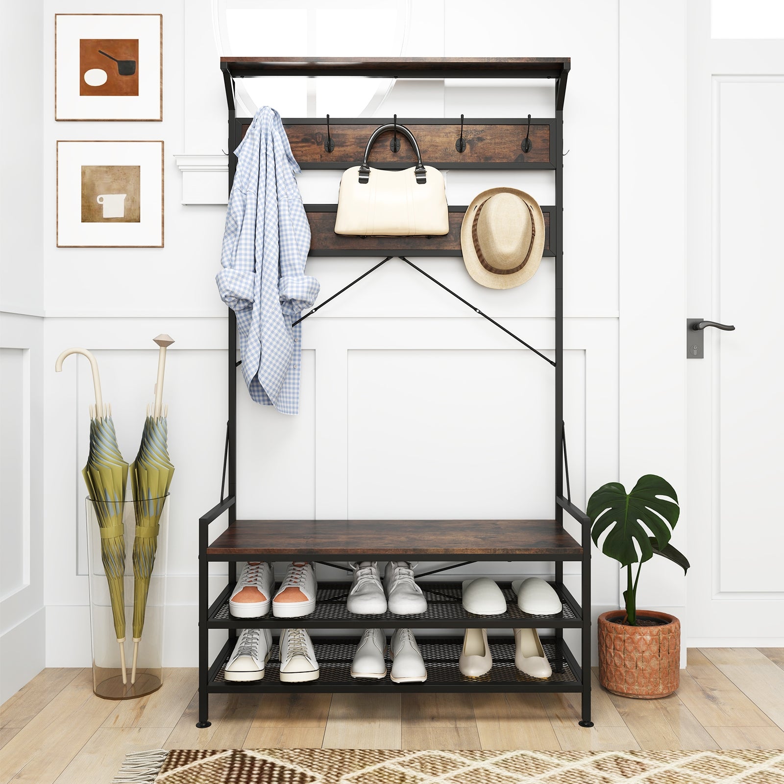 Coat Rack 4-In-1 Hall Tree with 11 Hanging Hooks Shoe Bench-Rustic Brown