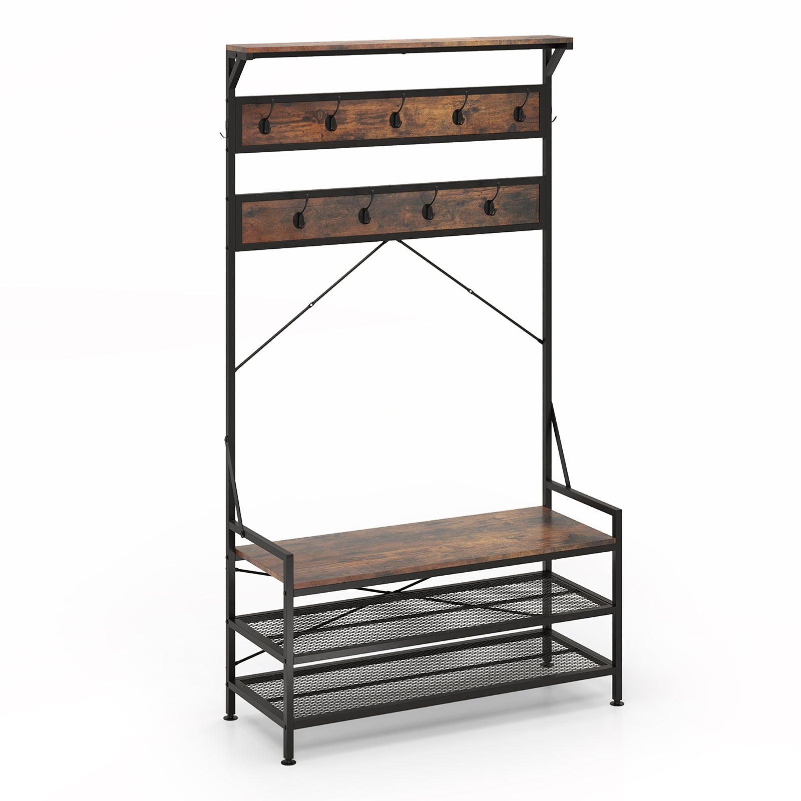 Coat Rack 4-In-1 Hall Tree with 11 Hanging Hooks Shoe Bench-Rustic Brown