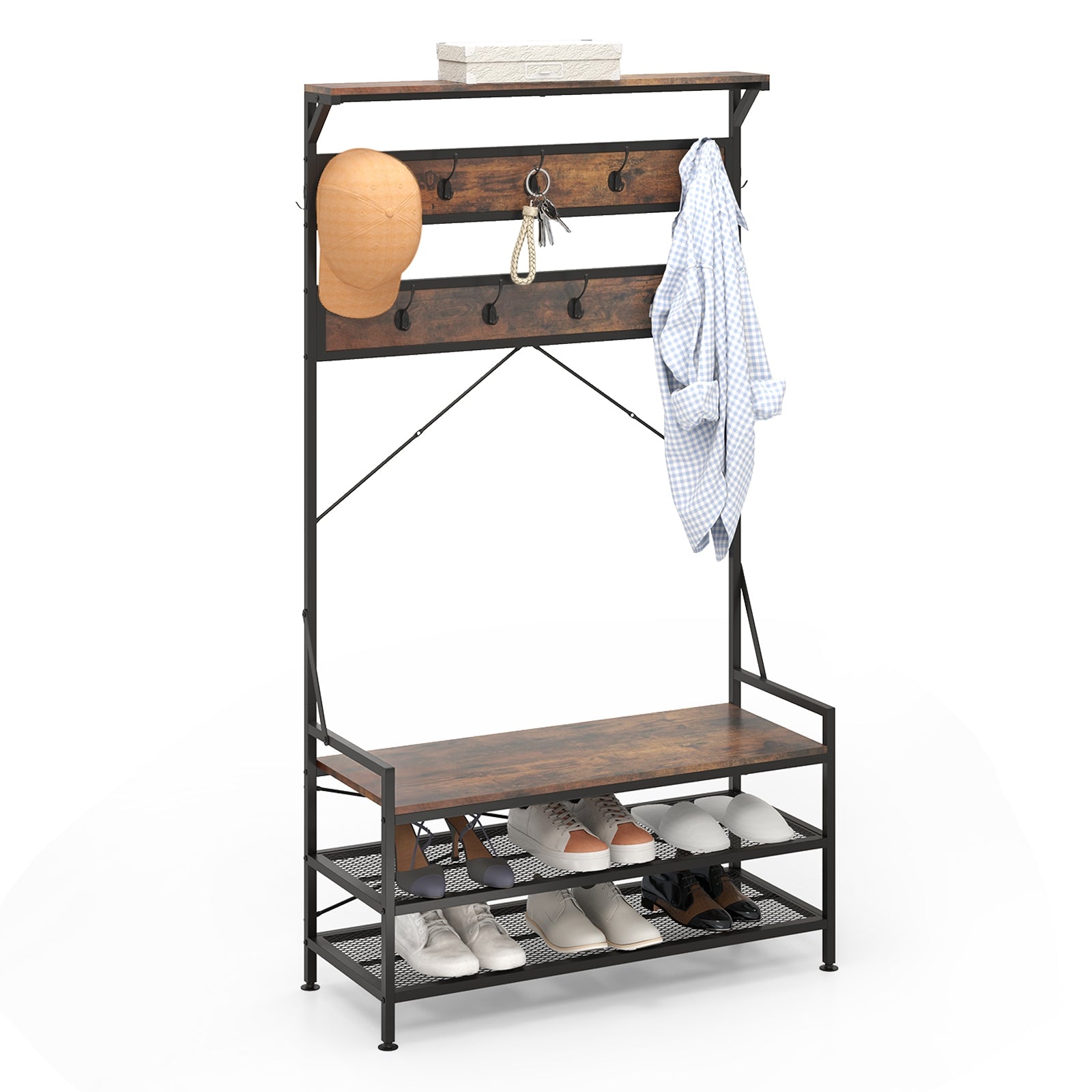 Coat Rack 4-In-1 Hall Tree with 11 Hanging Hooks Shoe Bench-Rustic Brown