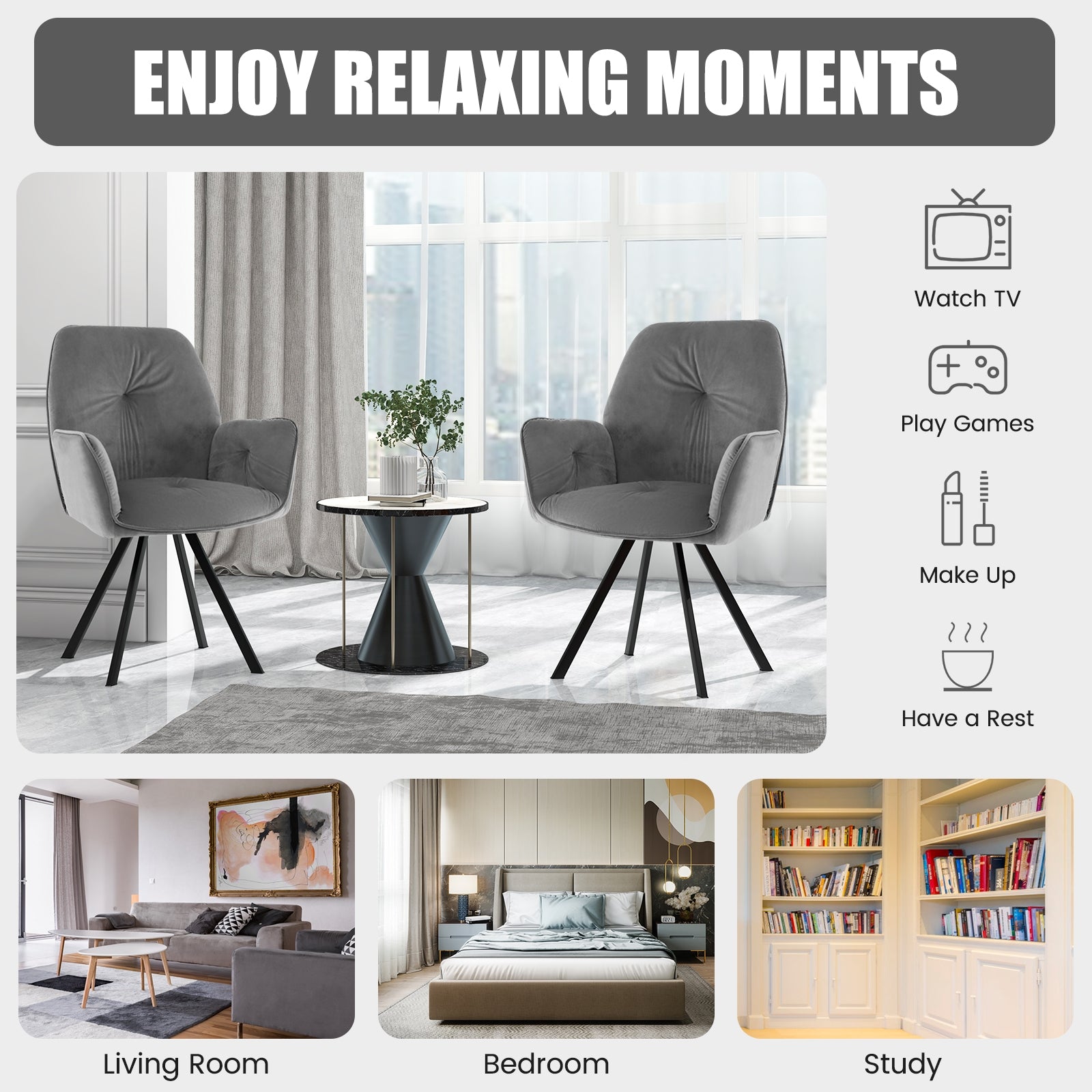 Set of 2 Swivel Accent Arm Chairs with Metal Legs and Wide Back-Gray