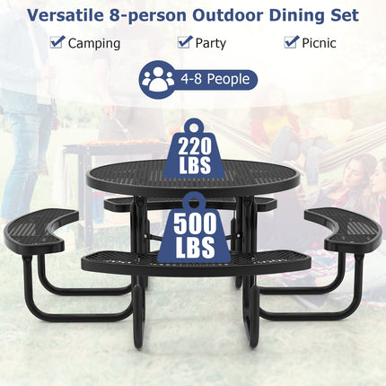 45 Inches Outdoor Round Picnic Table and Bench Set for 8 with Umbrella Hole-Black