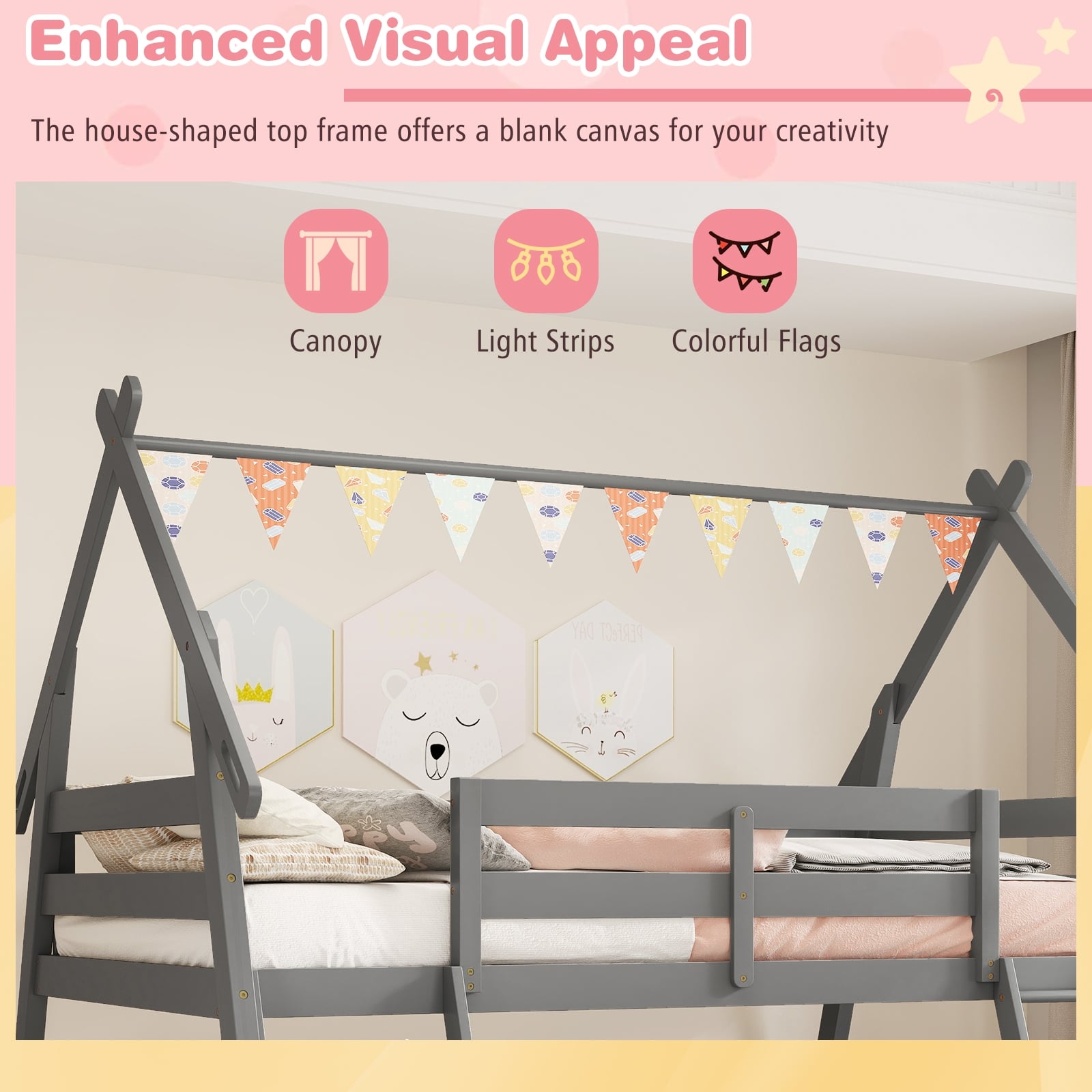 Twin Over Queen Bunk Bed Wooden Kids Bed with Climbing Nets and Ramp-Gray