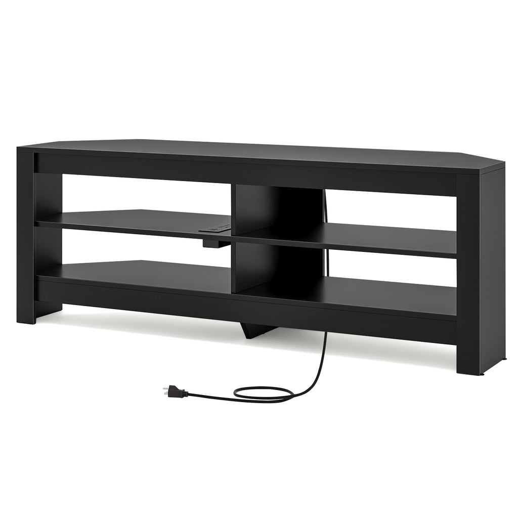 Corner TV Stand with Power Outlet and 4 Open Storage Shelves-Black