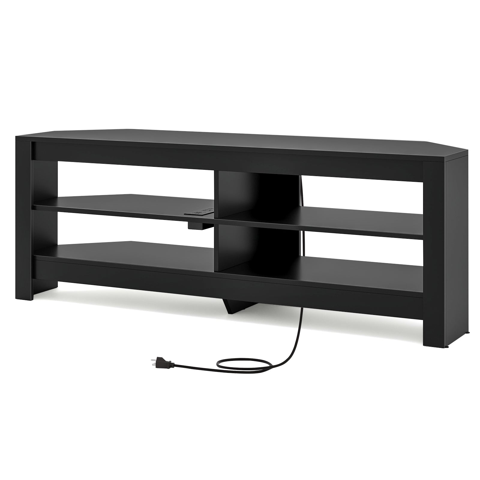 Corner TV Stand with Power Outlet and 4 Open Storage Shelves-Black