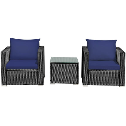 3 Pieces Patio Wicker Furniture Set with Cushion-Navy