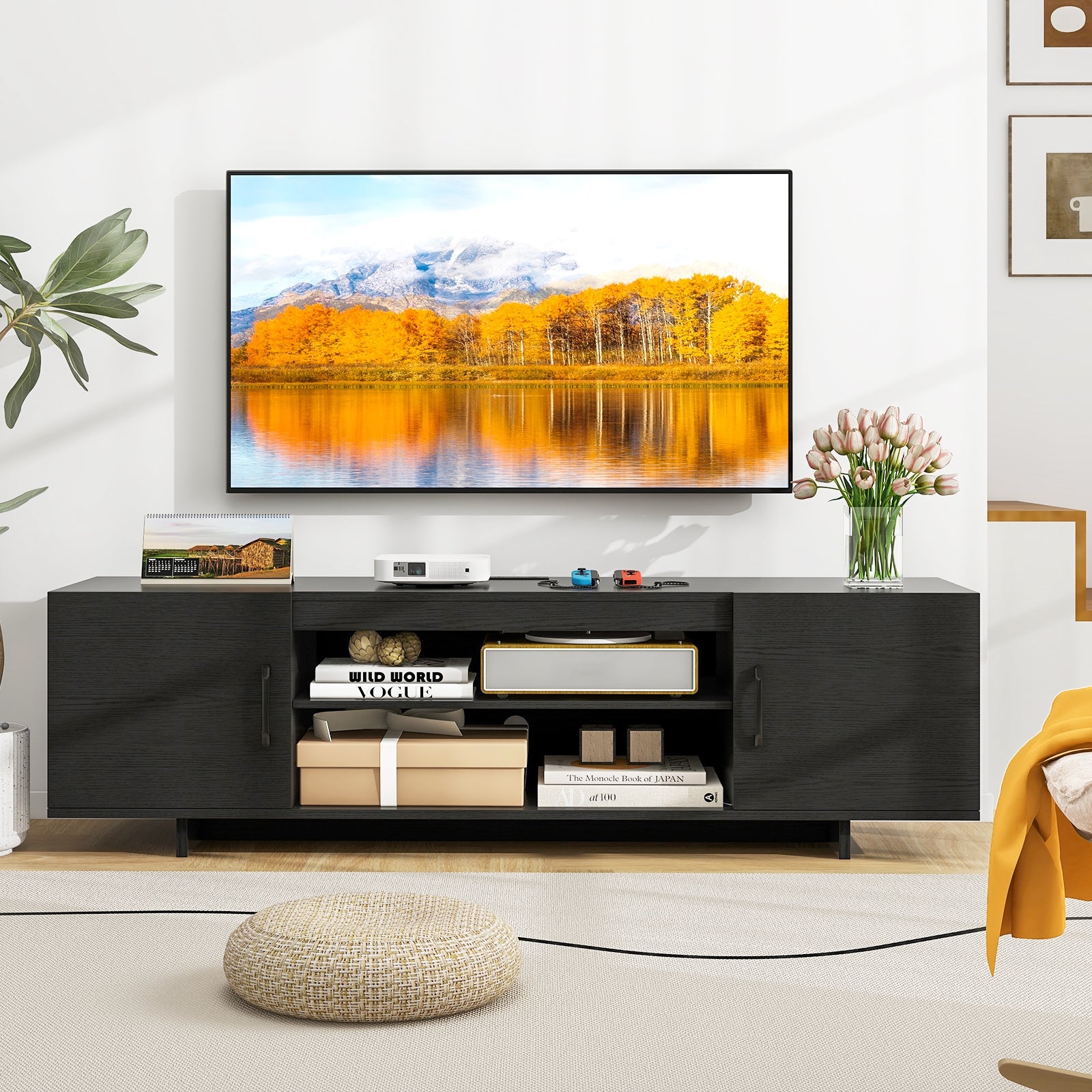 TV Stand with Power Outlet and 2 Cable Holes for 65 Inch TVs-Black