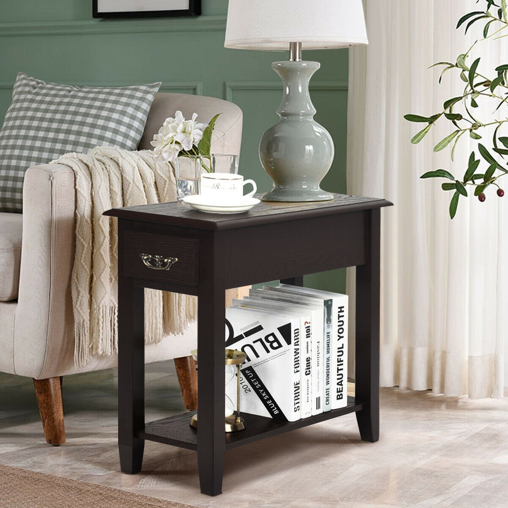 2 Tier End Bedside Sofa Side Table Narrow Nightstand-Espresso
