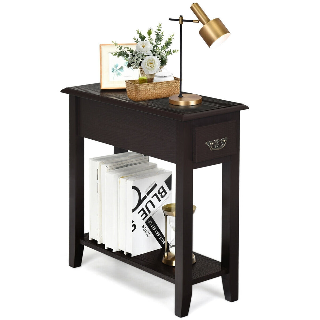 2 Tier End Bedside Sofa Side Table Narrow Nightstand-Espresso