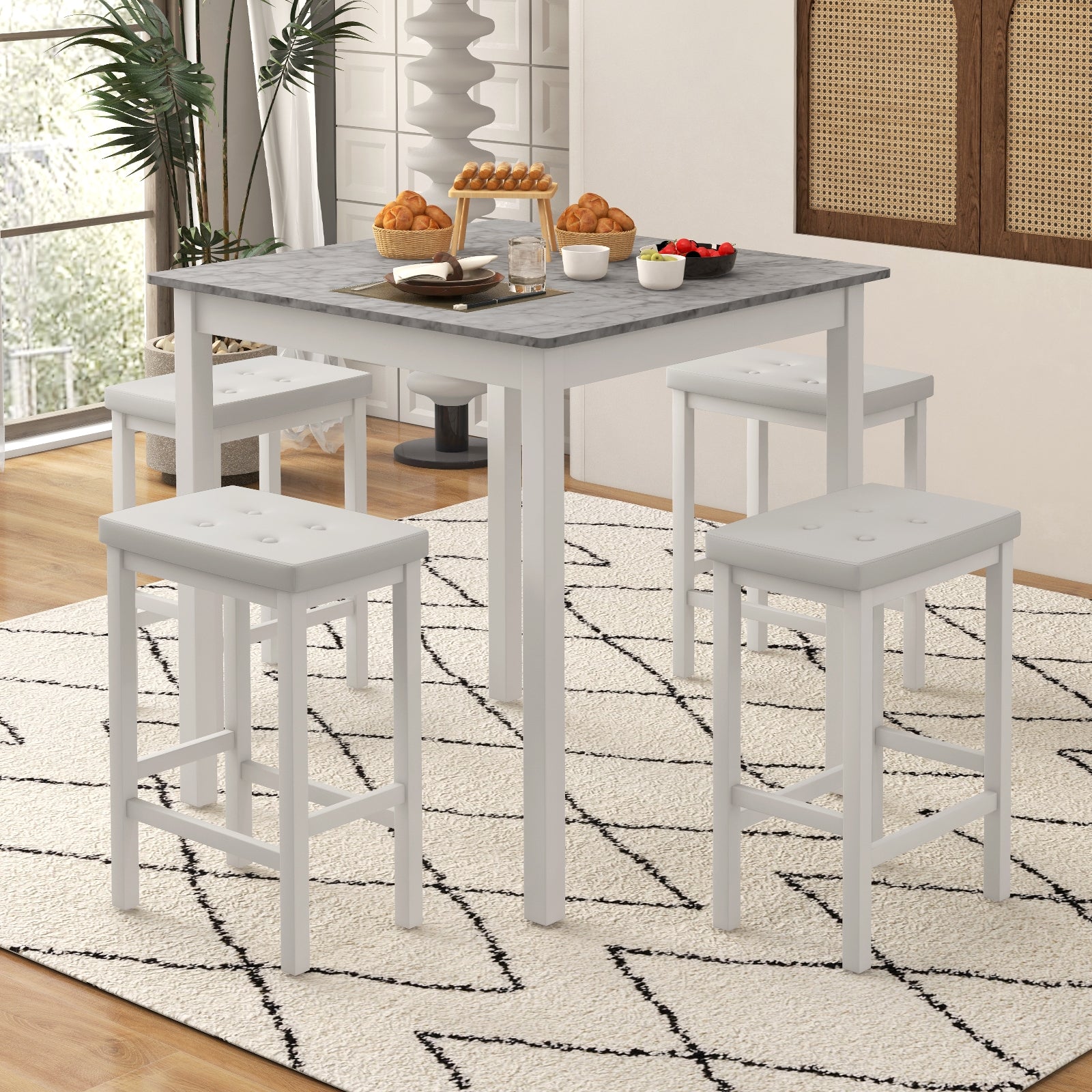 5-Piece Bar Table Set Counter-Height Dining Table and 4 Bar Stools-White