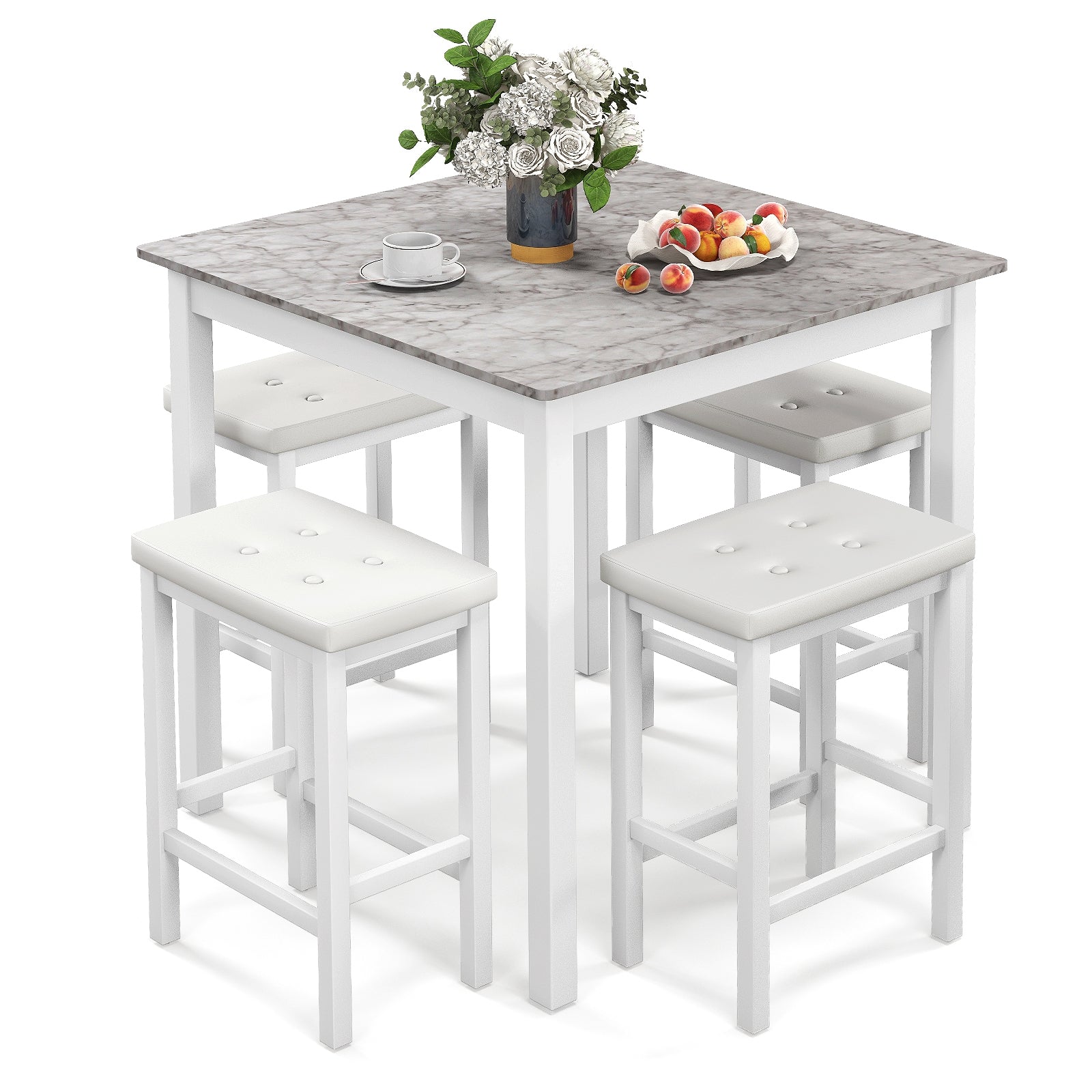5-Piece Bar Table Set Counter-Height Dining Table and 4 Bar Stools-White