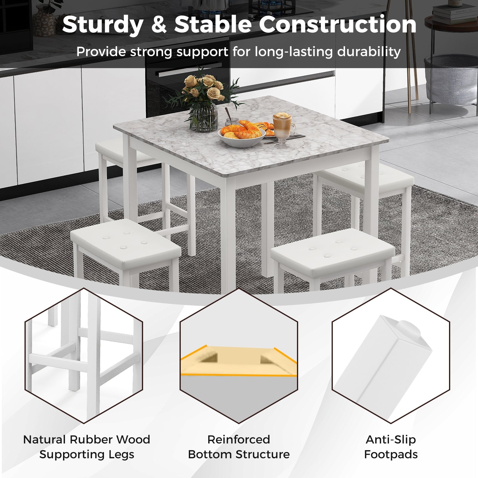 5-Piece Bar Table Set Counter-Height Dining Table and 4 Bar Stools-White