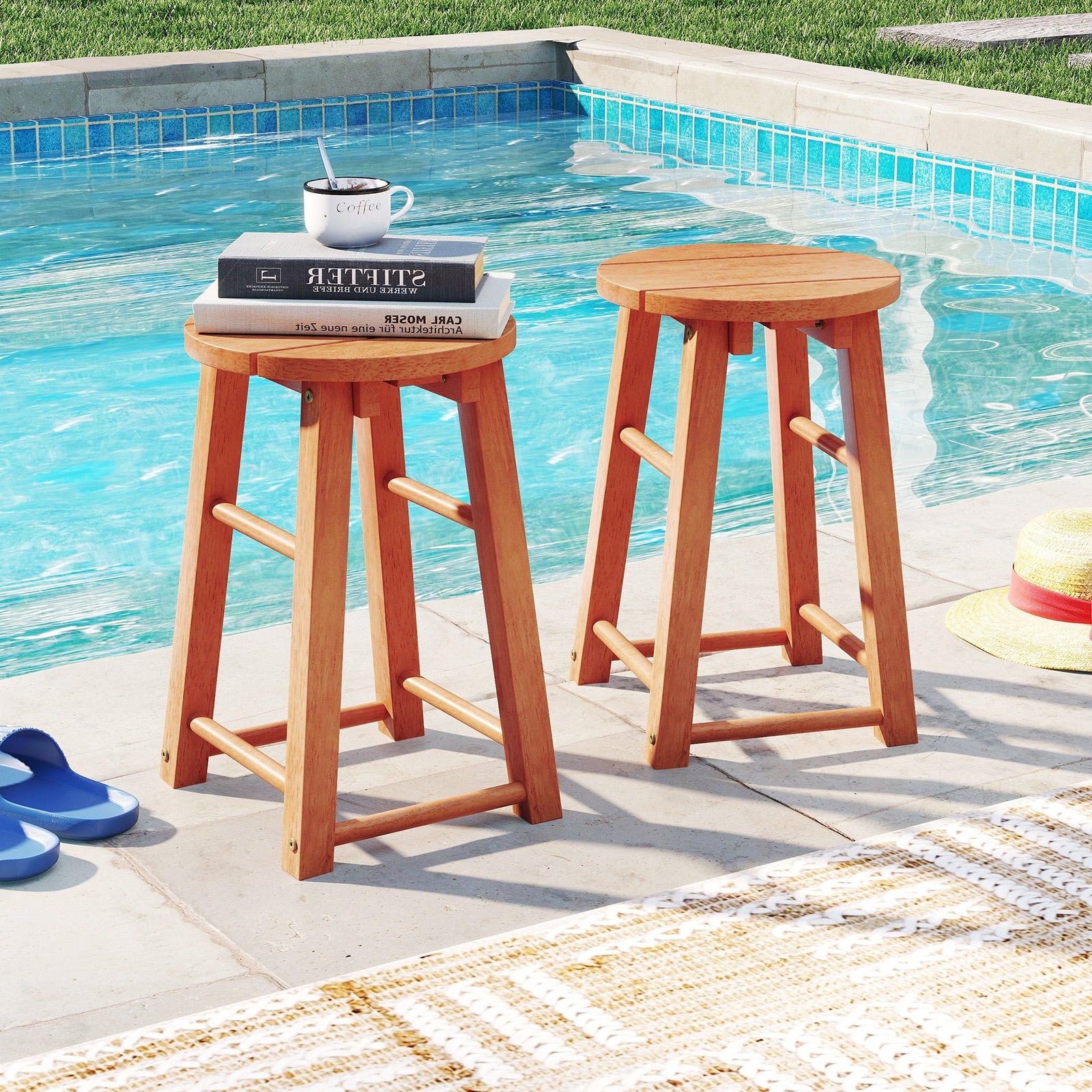 Tabourets de bar d'extérieur en bois de 45,7 cm, lot de 2, avec assise ronde et repose-pieds
