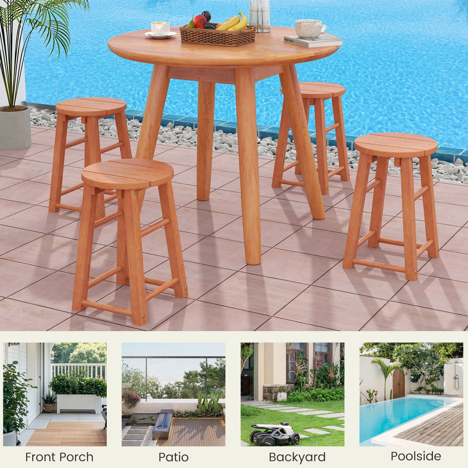 Tabourets de bar d'extérieur en bois de 45,7 cm, lot de 2, avec assise ronde et repose-pieds