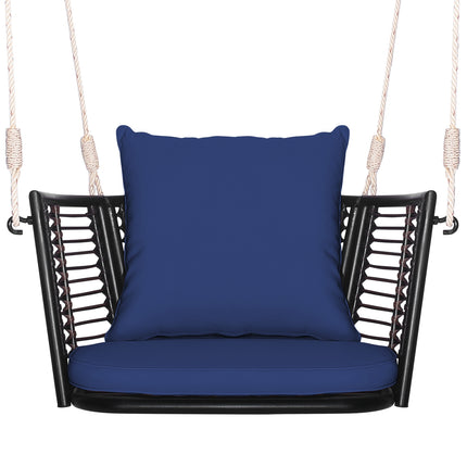 Single Person Hanging Seat with Woven Rattan Backrest for Backyard-Blue