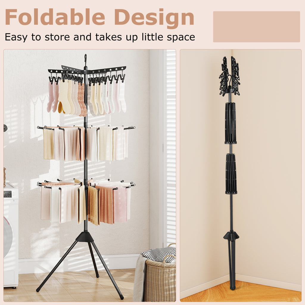 3-Tier Tripod Freestanding Folding Clothes Drying Rack with 24 Clips-Black