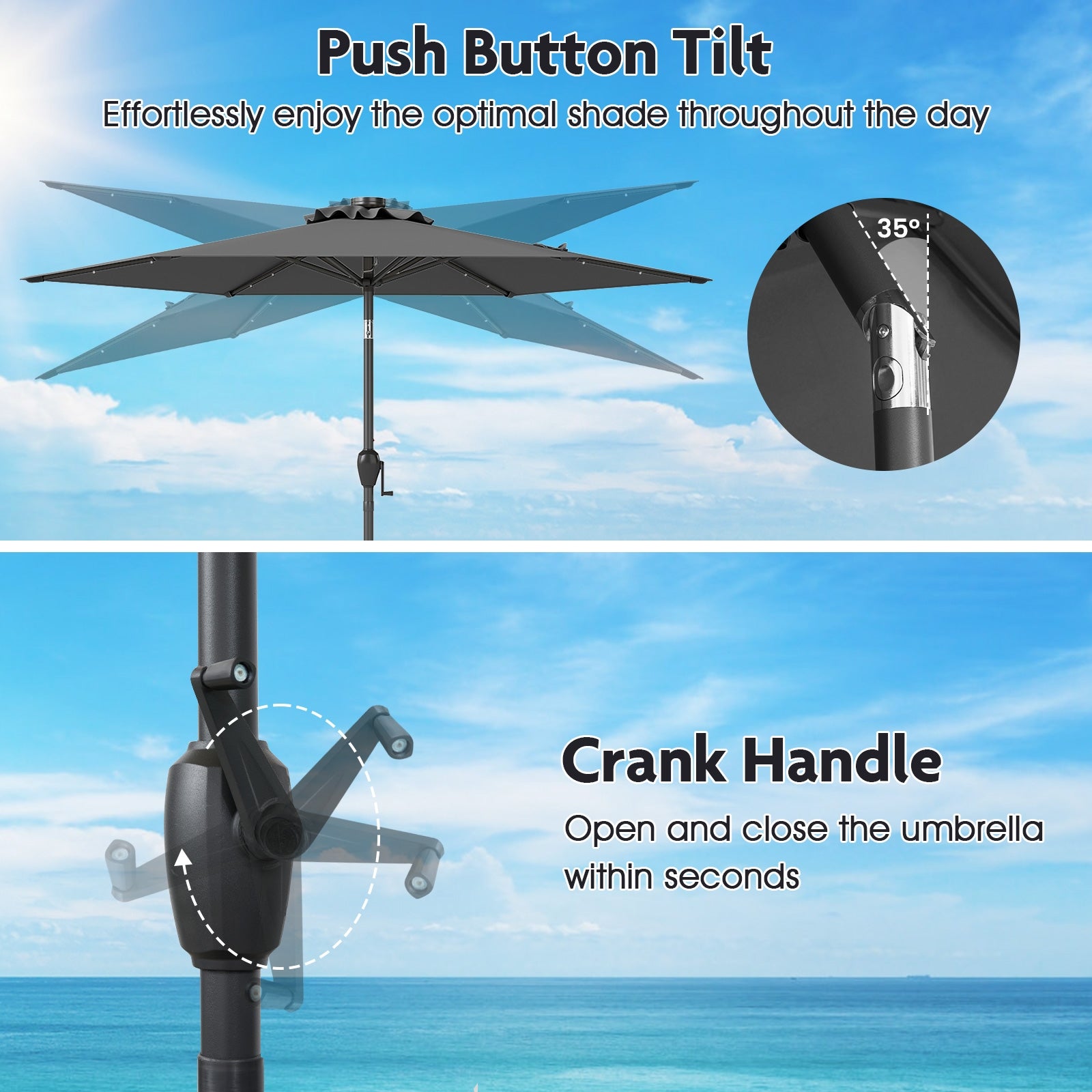 7.5 Feet Solar Powered Patio Umbrella with LED Lights and Crank Handle-Gray