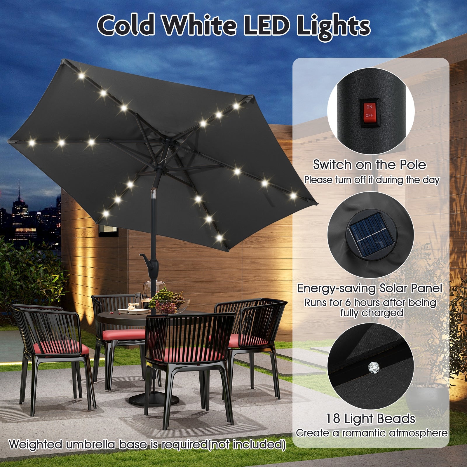 7.5 Feet Solar Powered Patio Umbrella with LED Lights and Crank Handle-Gray