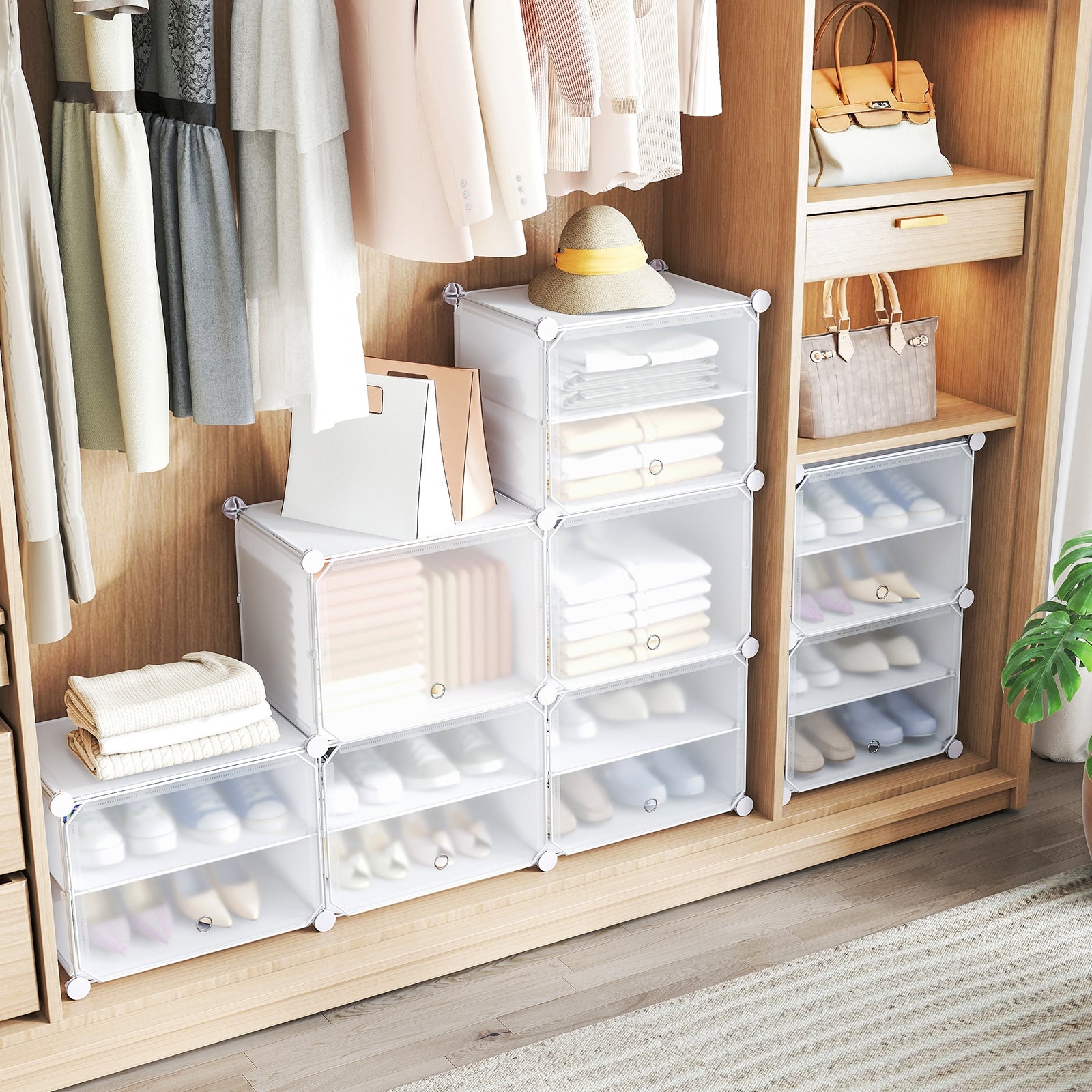 12-Cube 48 Pairs Portable Shoe Shelves with Hook-White