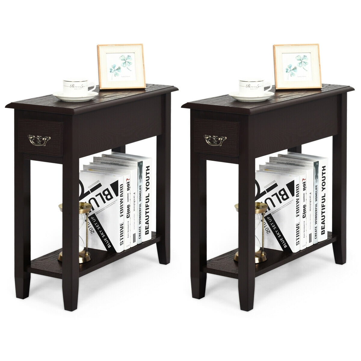 2 Pieces 2 Tier Sofa Side End Table with Drawer and Open Shelf-Dark Brown