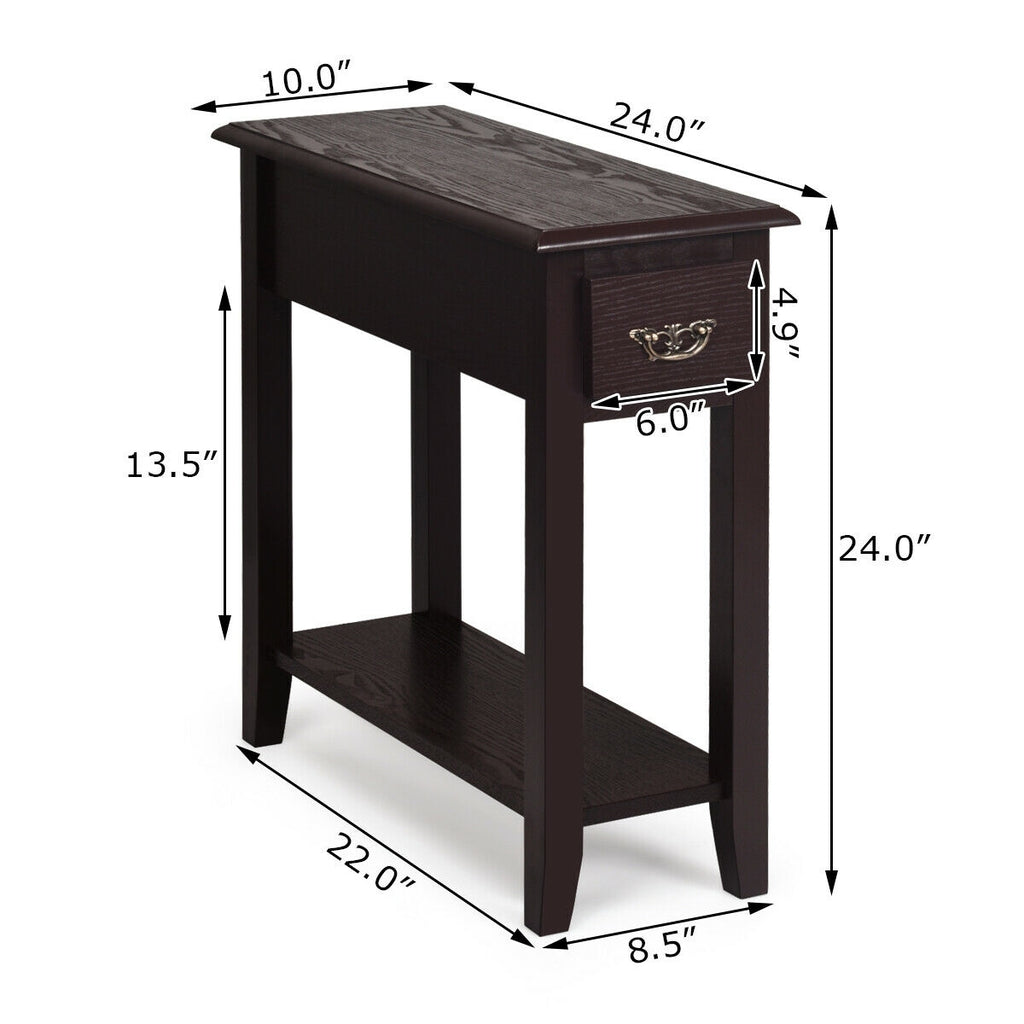 2 Pieces 2 Tier Sofa Side End Table with Drawer and Open Shelf-Dark Brown
