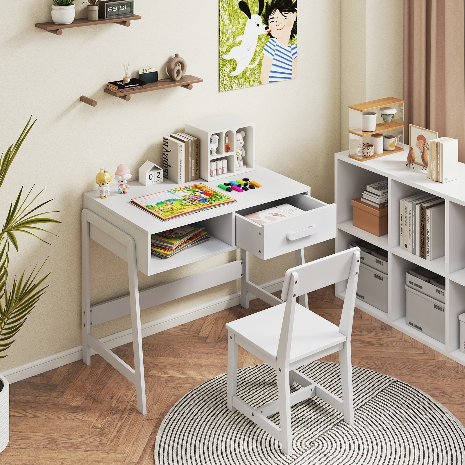 Kids Desk and Chair Set with Storage Drawer and Hutch-White