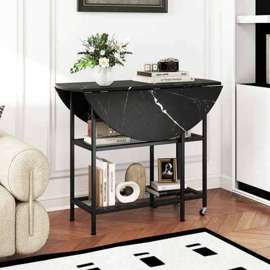 Folding Round Dining Table with Lockable Wheels-Black