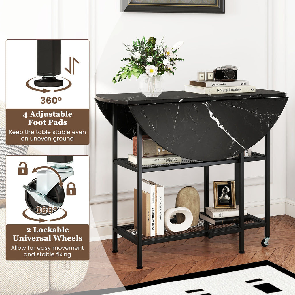 Folding Round Dining Table with Lockable Wheels-Black