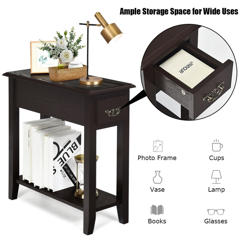 2 Pieces 2 Tier Sofa Side End Table with Drawer and Open Shelf-Dark Brown
