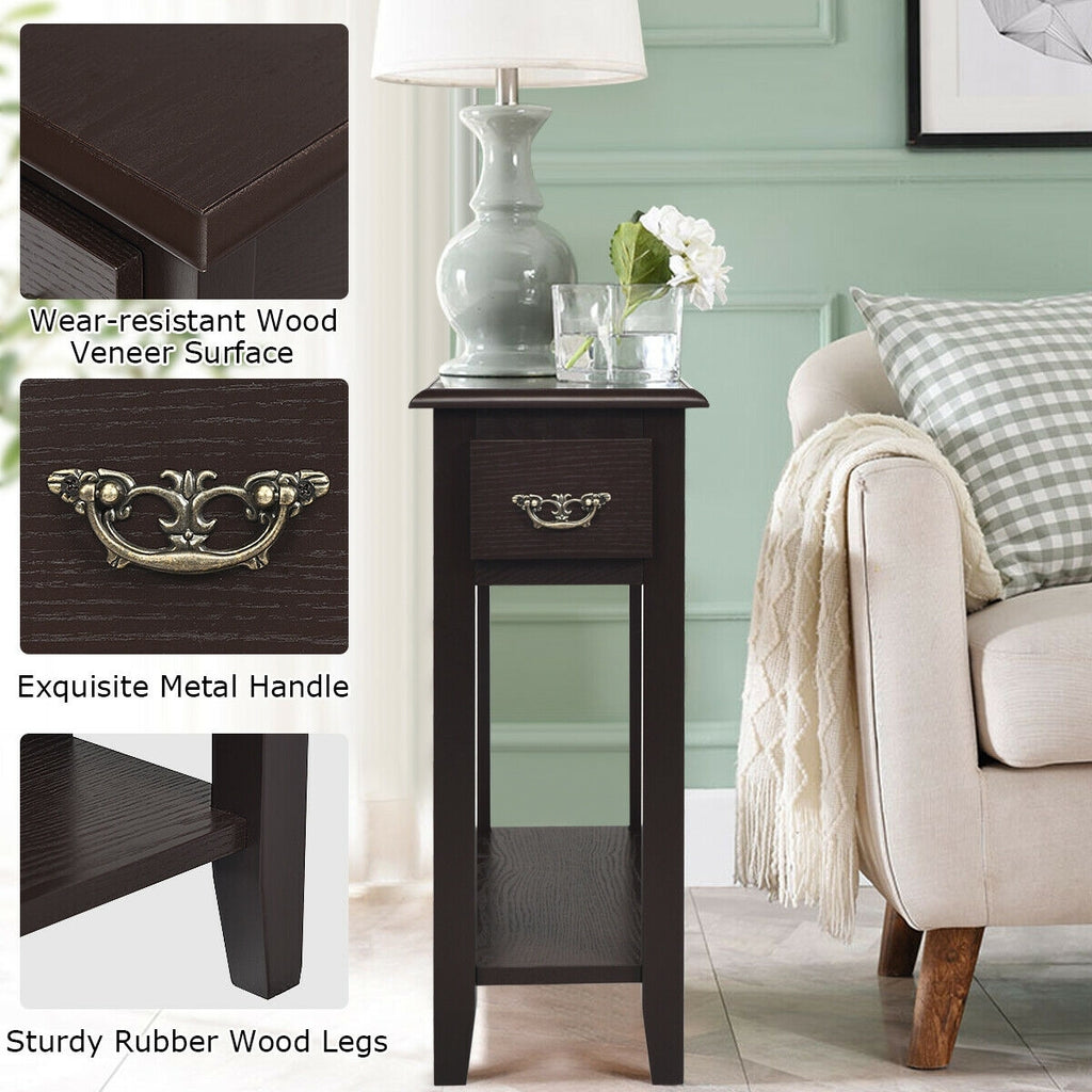 2 Pieces 2 Tier Sofa Side End Table with Drawer and Open Shelf-Dark Brown