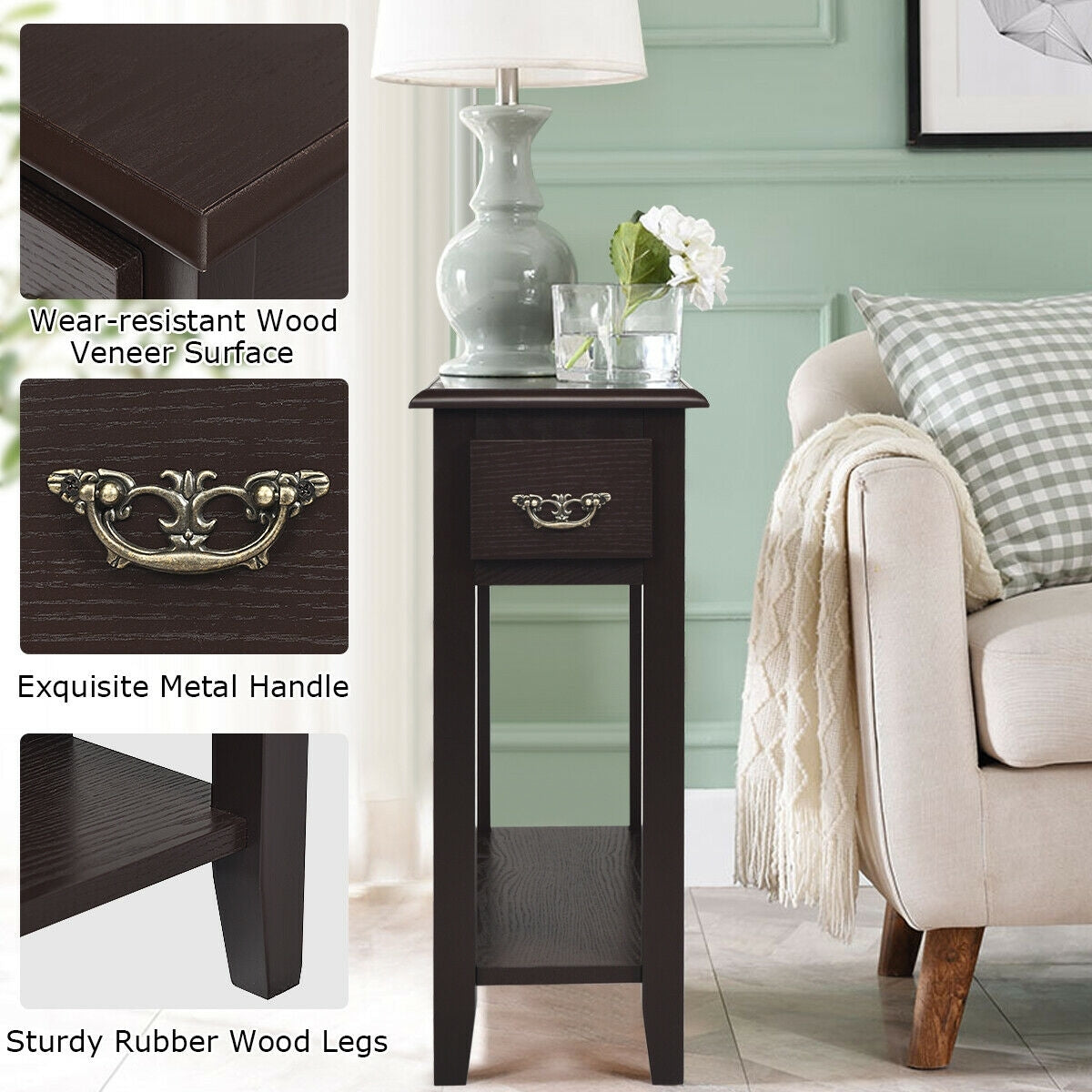 2 Pieces 2 Tier Sofa Side End Table with Drawer and Open Shelf-Dark Brown