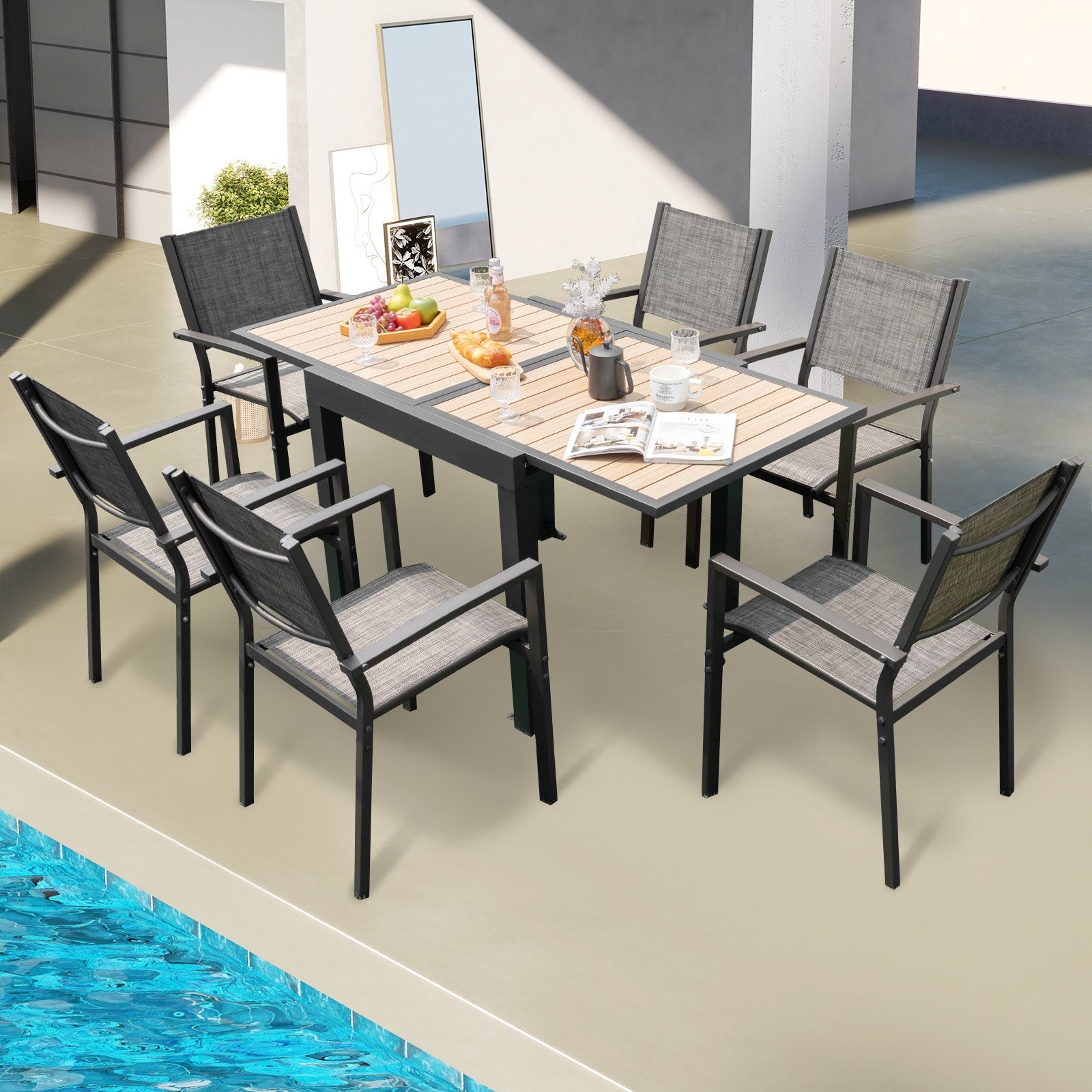 Table de patio extensible de 80 à 160 cm pour 4 à 6 personnes - Naturelle