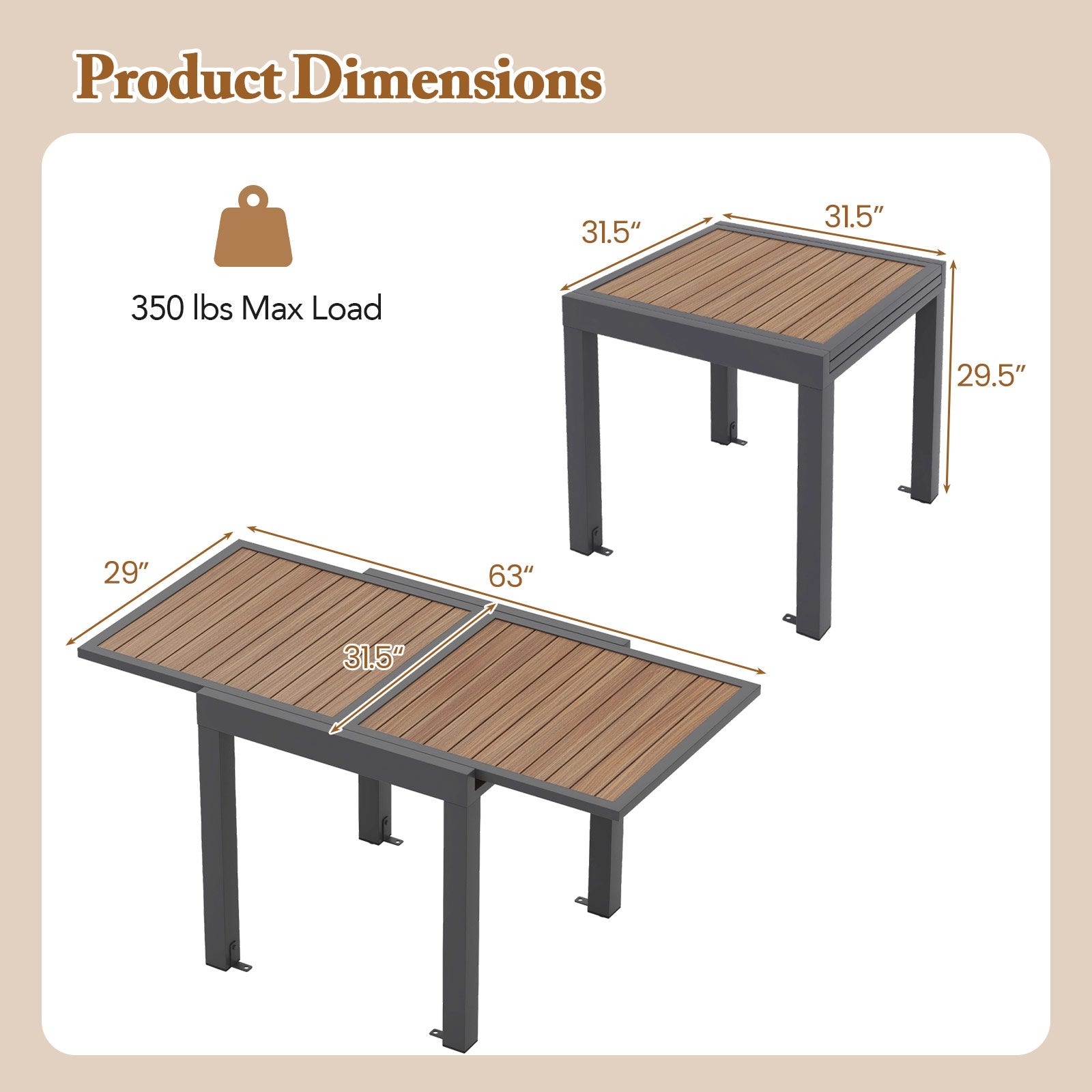 Table de patio extensible de 80 à 160 cm pour 4 à 6 personnes - Naturelle