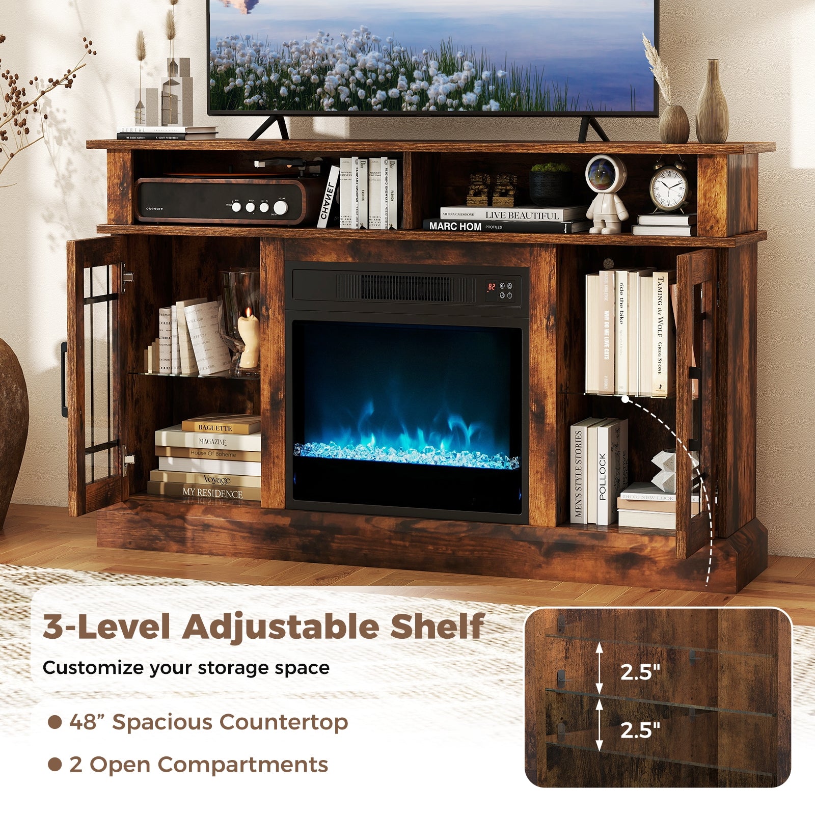 TV Stand with Electric Fireplace LED Lights and Remote Controls for TVs Up to 40 Inch-Rustic Brown