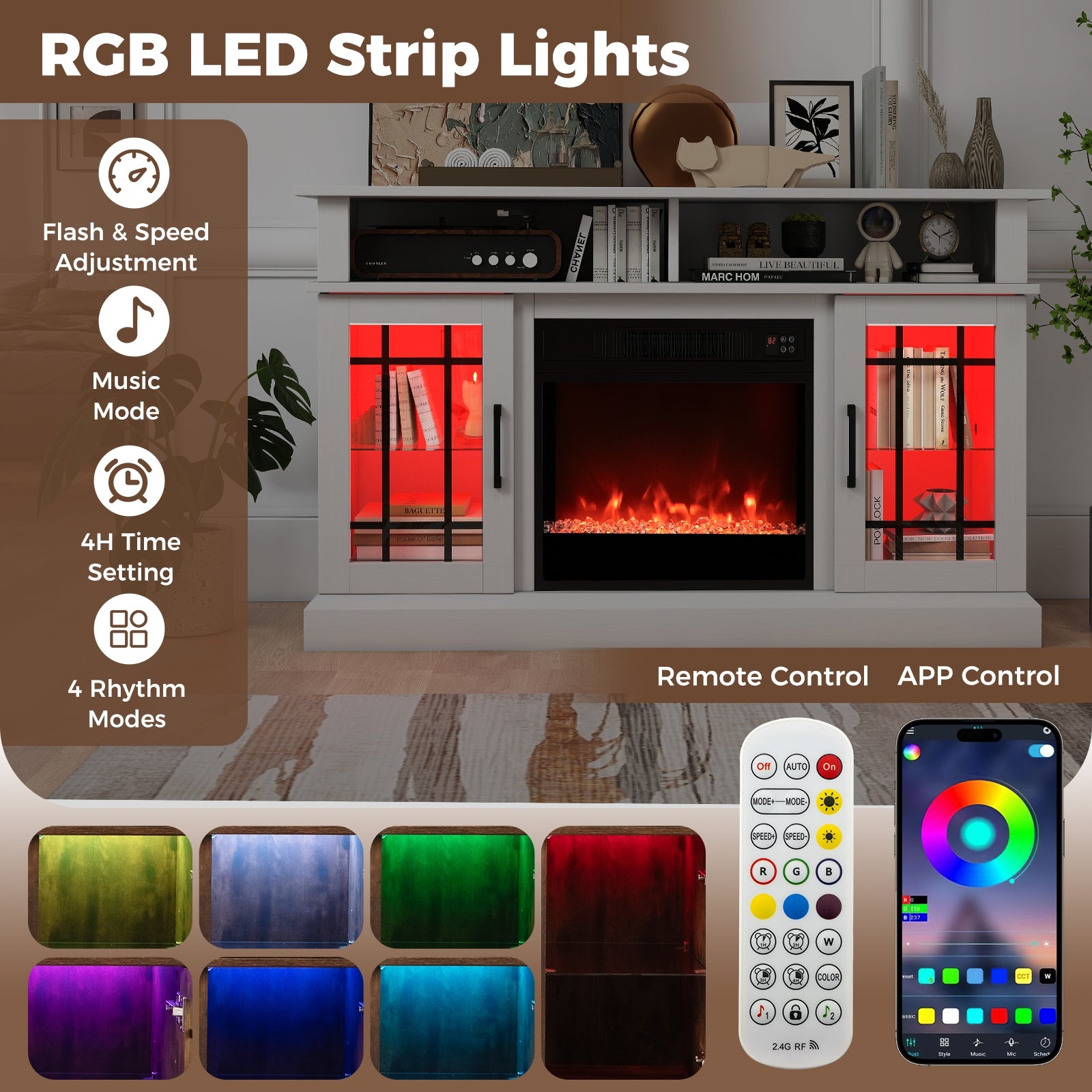 TV Stand with Electric Fireplace LED Lights and Remote Controls for TVs Up to 40 Inch-White
