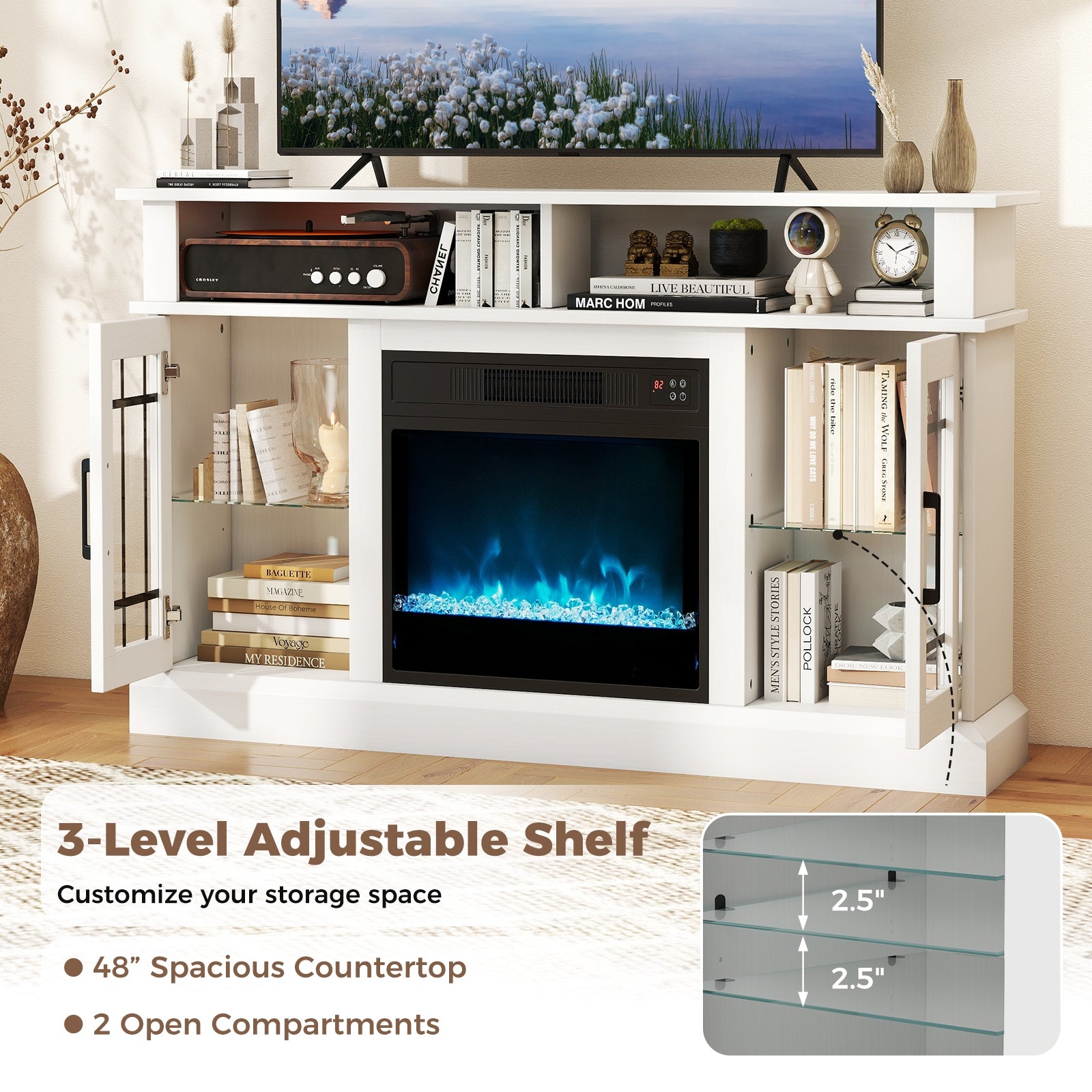 TV Stand with Electric Fireplace LED Lights and Remote Controls for TVs Up to 40 Inch-White