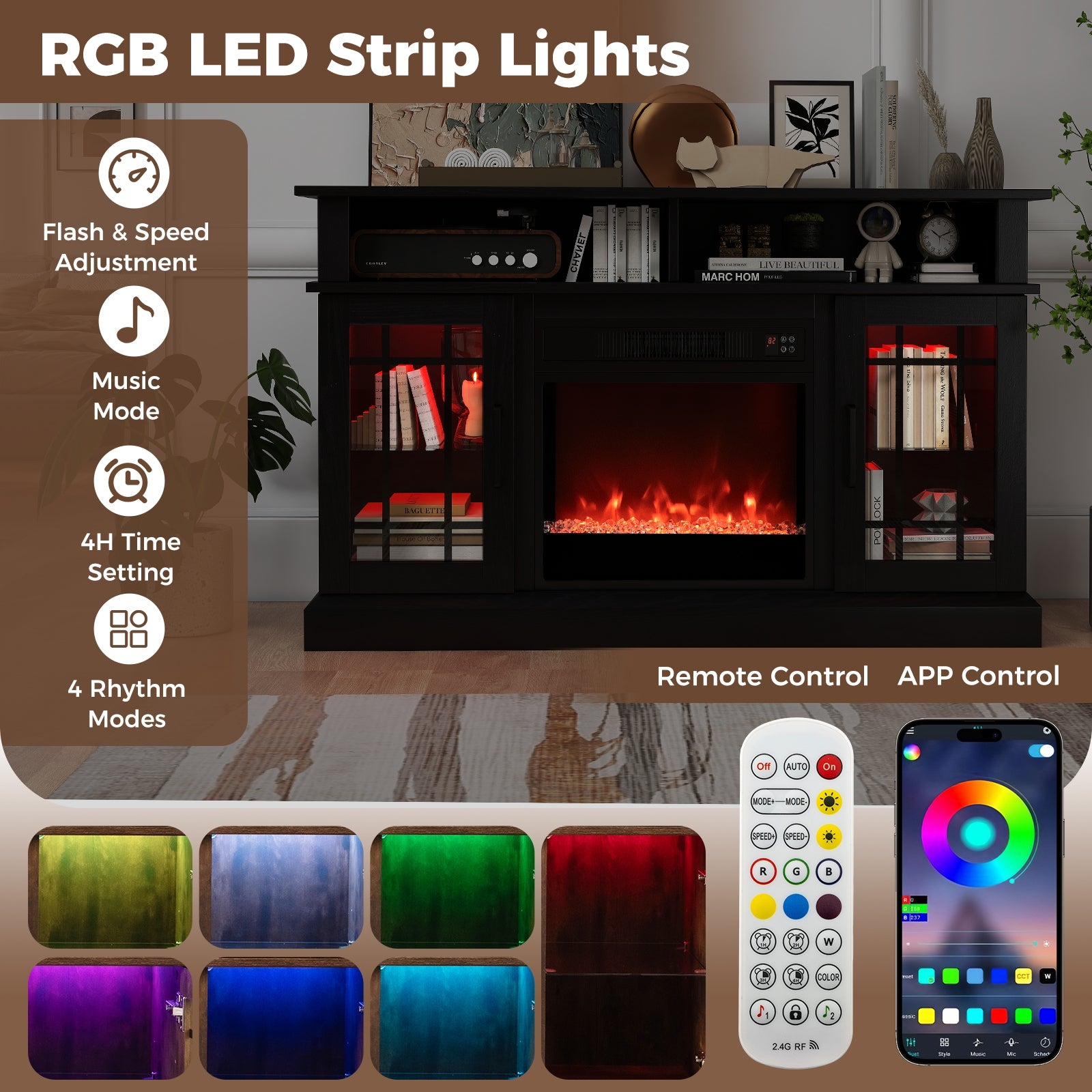 TV Stand with Electric Fireplace LED Lights and Remote Controls for TVs Up to 40 Inch-Black