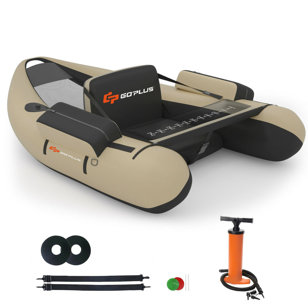 Inflatable Fishing Float Tube with Pump Storage Pockets and Fish Ruler-Beige