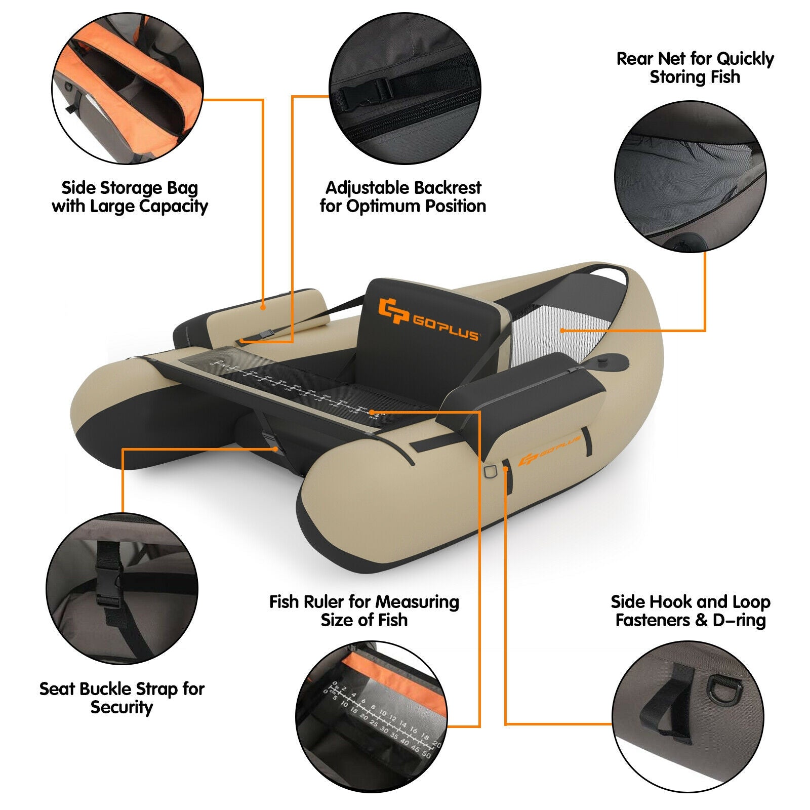 Inflatable Fishing Float Tube with Pump Storage Pockets and Fish Ruler-Beige