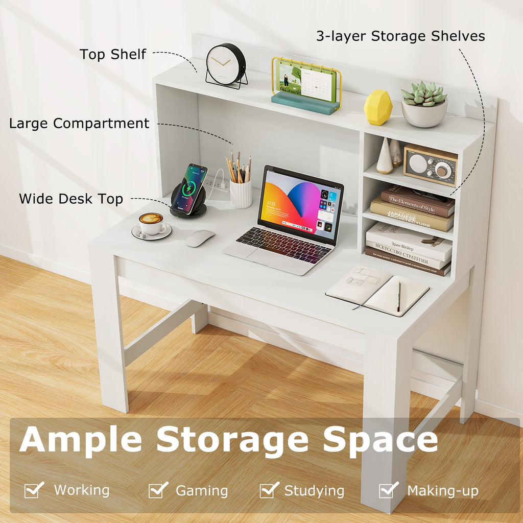 Modern Computer Desk with Hutch and Storage Shelves-White
