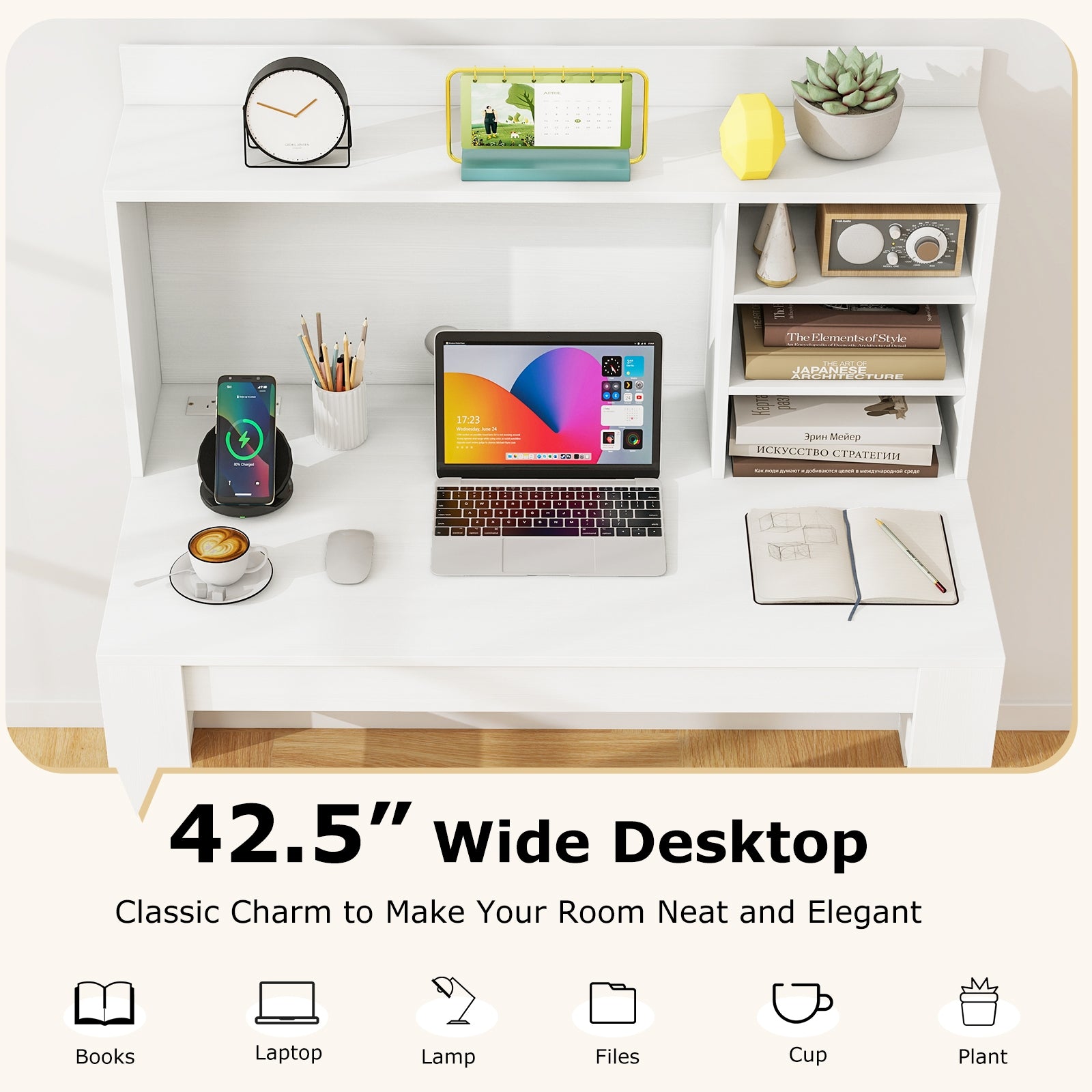 Modern Computer Desk with Hutch and Storage Shelves-White