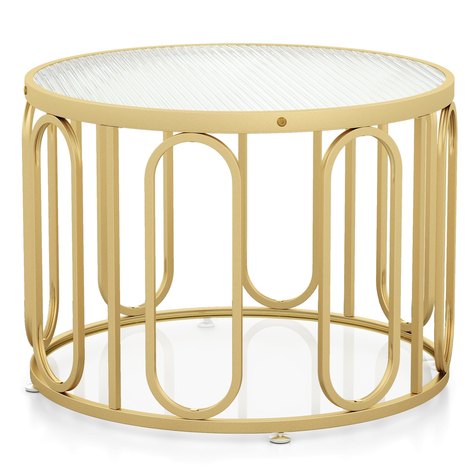 24 Inch Round Coffee Table with Reeded Tempered Glass Top and Oval Swivel Brackets-Golden