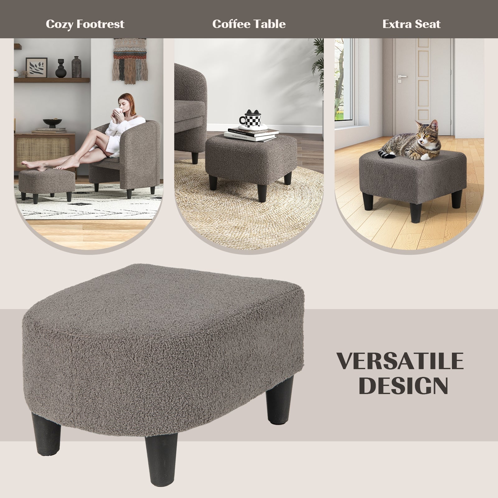 Modern Upholstered Barrel Teddy Velvet Chair with Ottoman-Gray