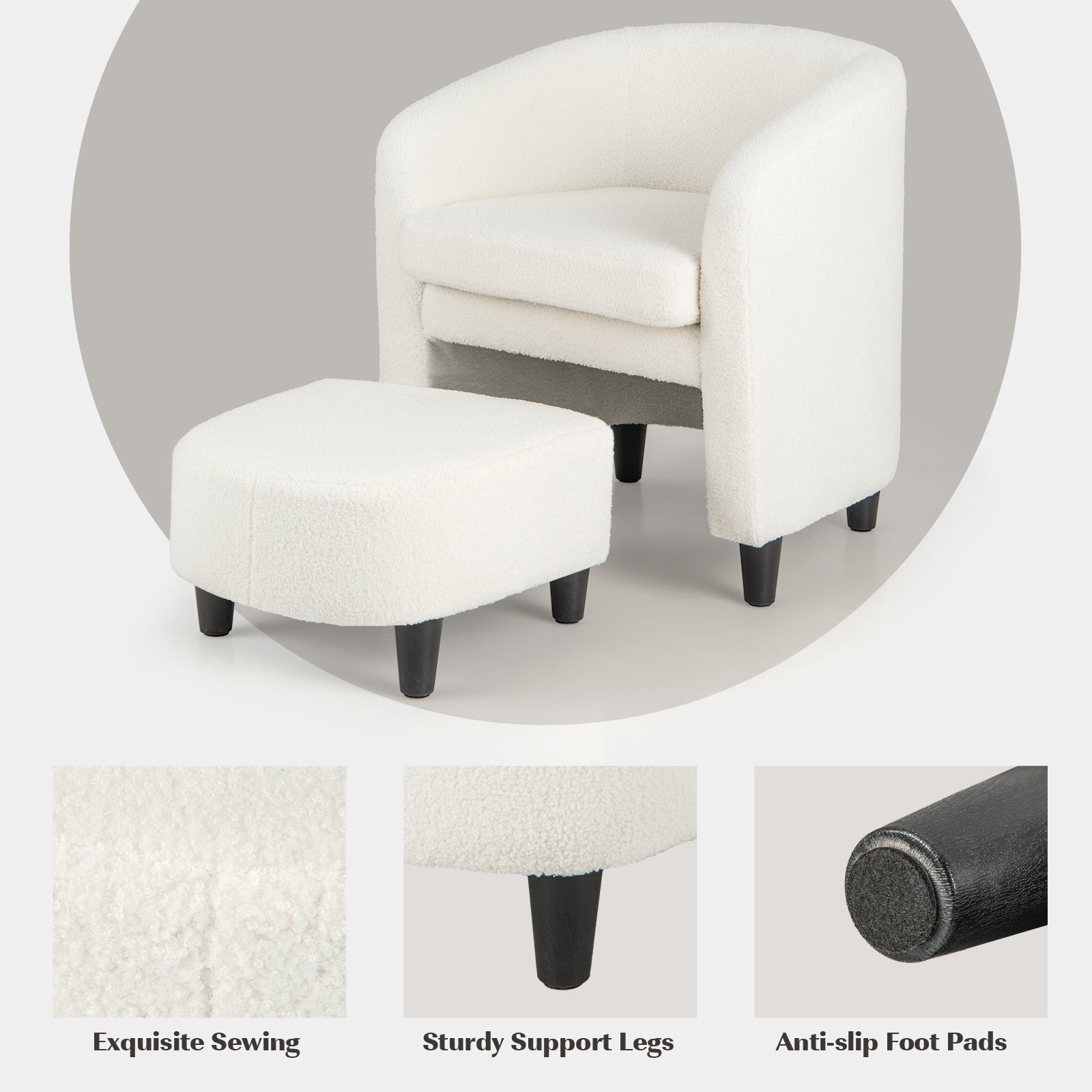 Modern Upholstered Barrel Teddy Velvet Chair with Ottoman-Beige
