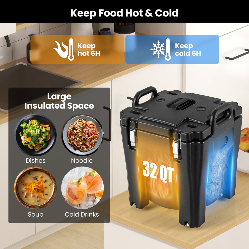 32 QT Portable Insulated Food Carrier with Stainless Steel Barrel for Catering Camping-Black
