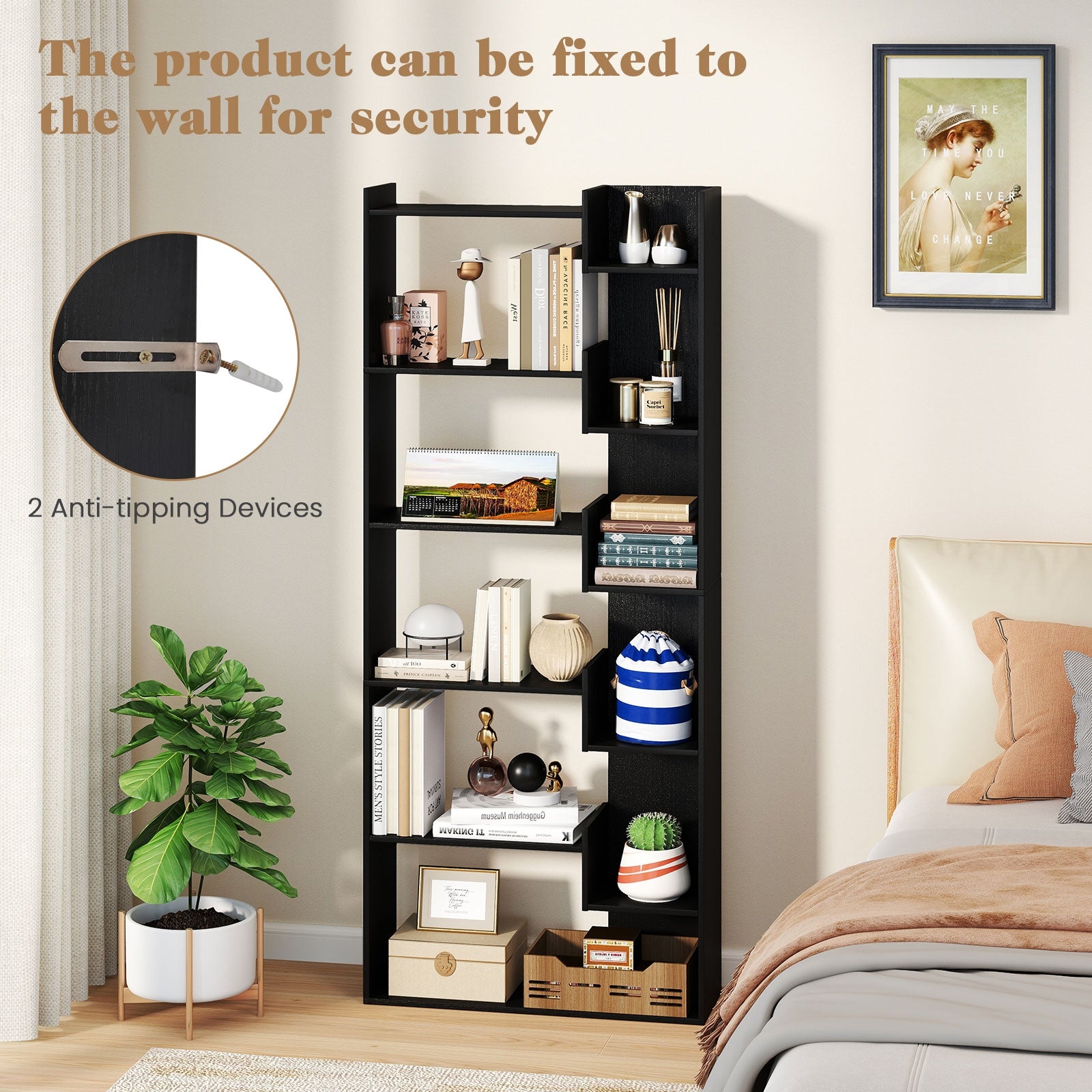 6-Tier Bookshelf Wooden Bookcase with 2 Anti-Tipping Kits Open Display Shelf-Black