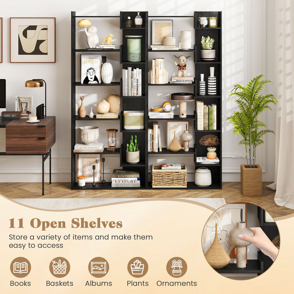 6-Tier Bookshelf Wooden Bookcase with 2 Anti-Tipping Kits Open Display Shelf-Black