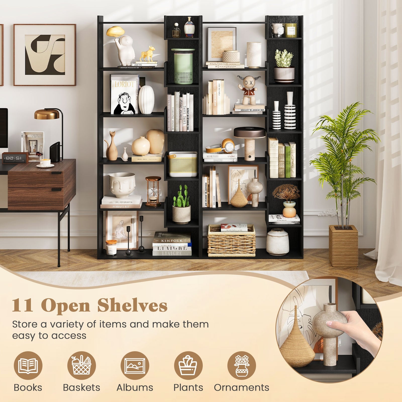 6-Tier Bookshelf Wooden Bookcase with 2 Anti-Tipping Kits Open Display Shelf-Black