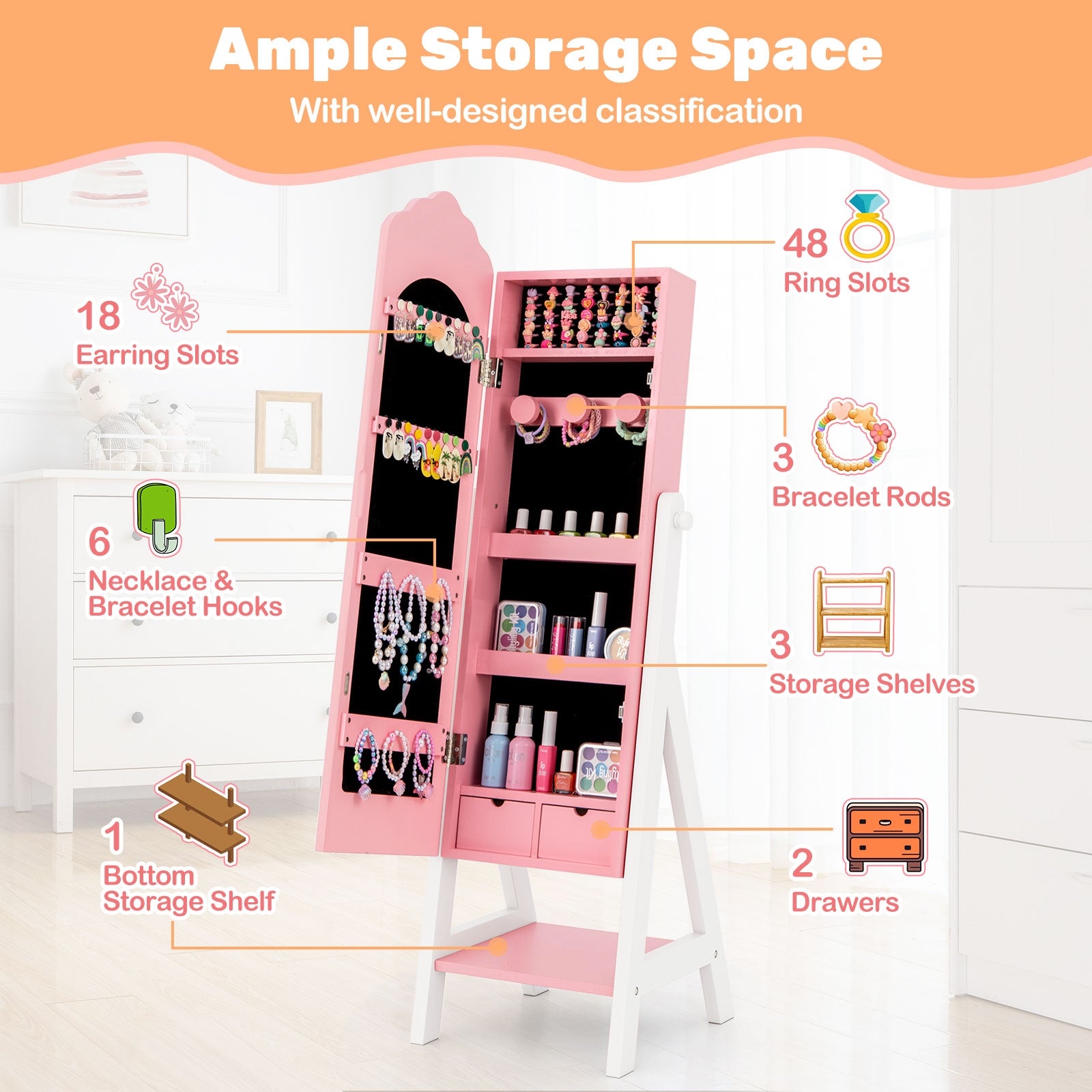2 Pieces Kids Vanity Set and Jewelry Armoire Cabinet with Full-length Mirror-Pink